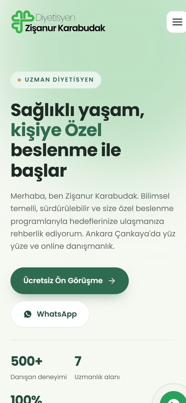dyt-zisanur-karabudak web sitesi, mobil görünüm
