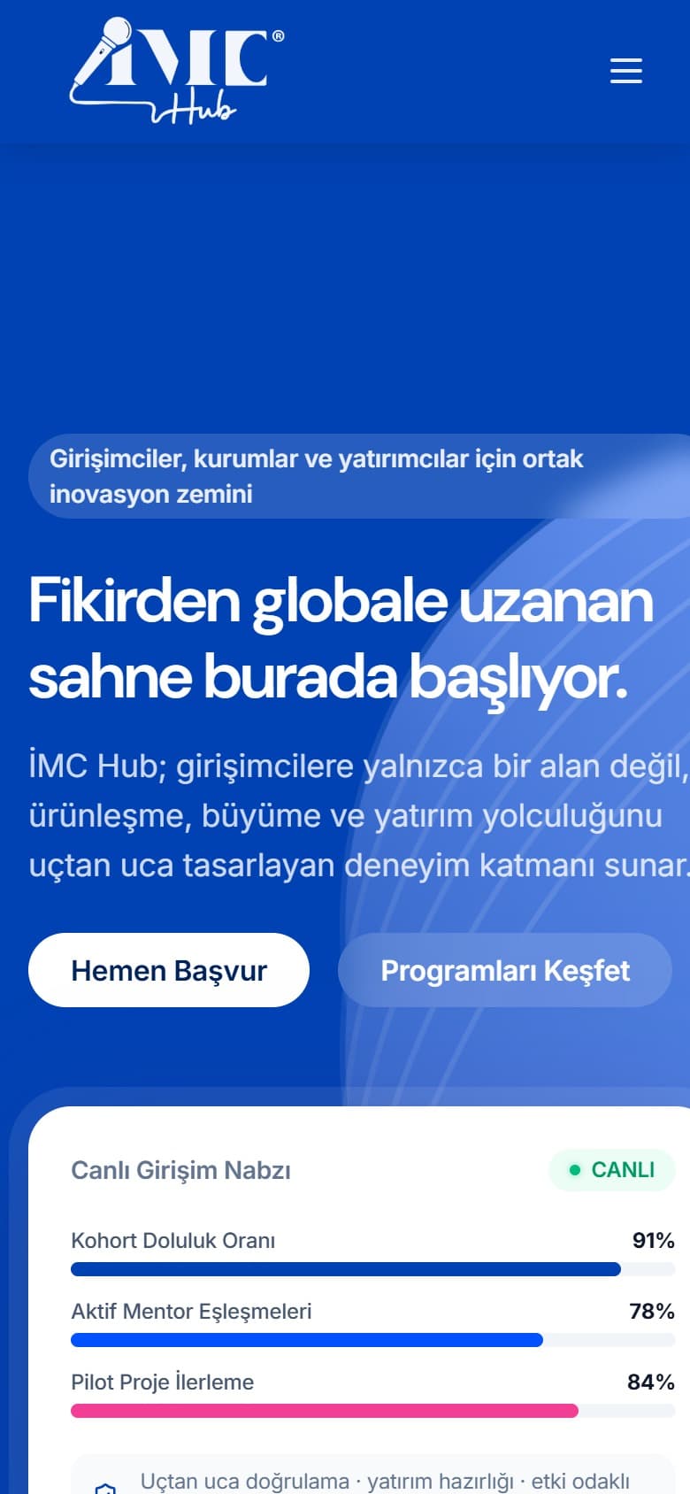 imc-hub web sitesi, mobil görünüm